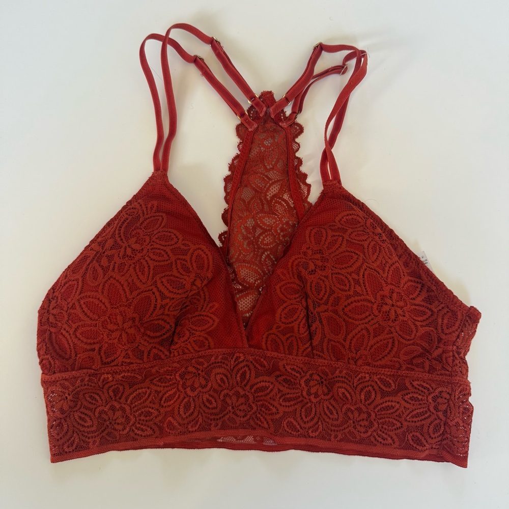Aerie Desert Lace Racerback Bralette Red Orange Small Wireless‎ Lace Lined EUC